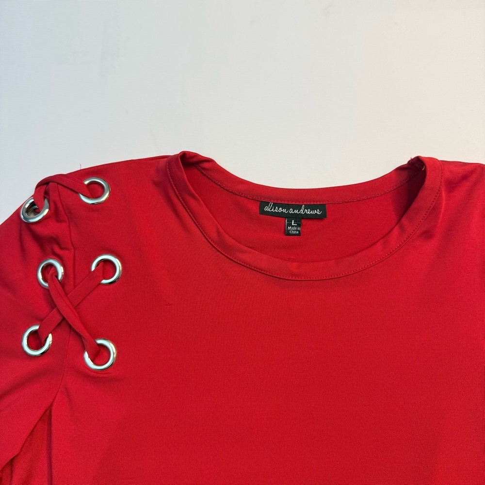 Alison‎ Andrews Red Top Large Grommet Lace-Up Shoulder Long Sleeve Blouse - Picture 5 of 12